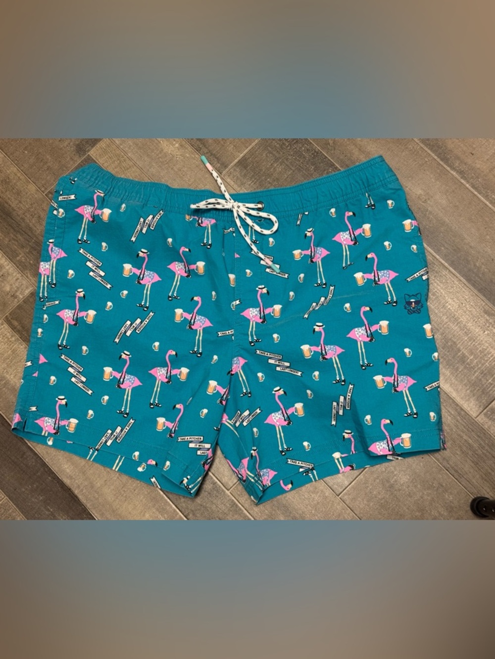 Party Pants Men’s Teal Flamingo Print Swim Trunks XL Stretch Beach Shorts Lace
